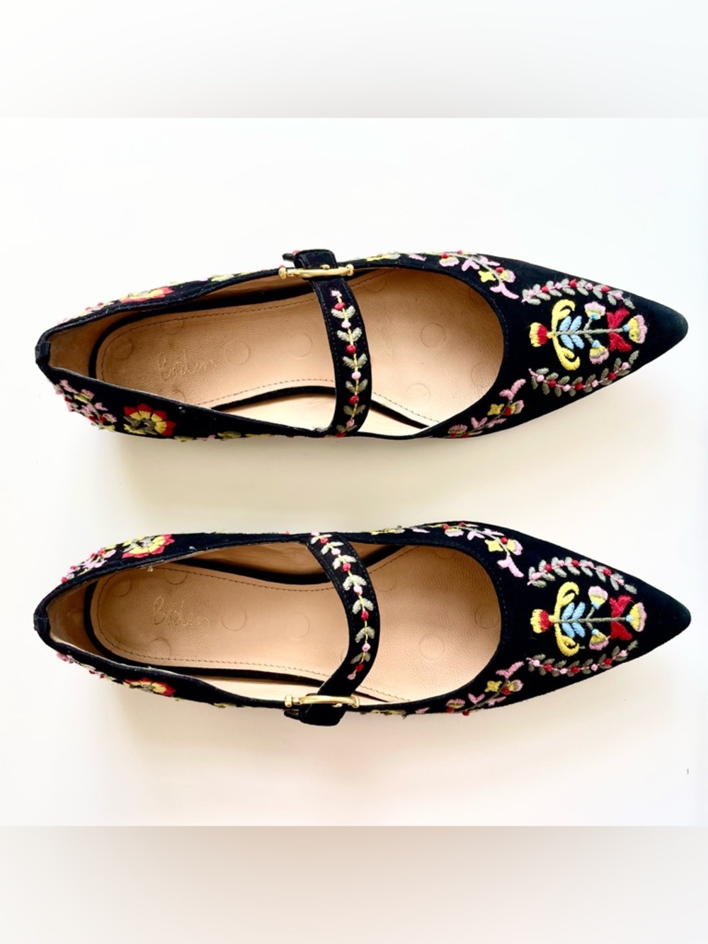 Boden Evie Black Embroidered Mary Jane Pointed Toe Floral Flats Boho Cottagecore - Picture 2 of 10